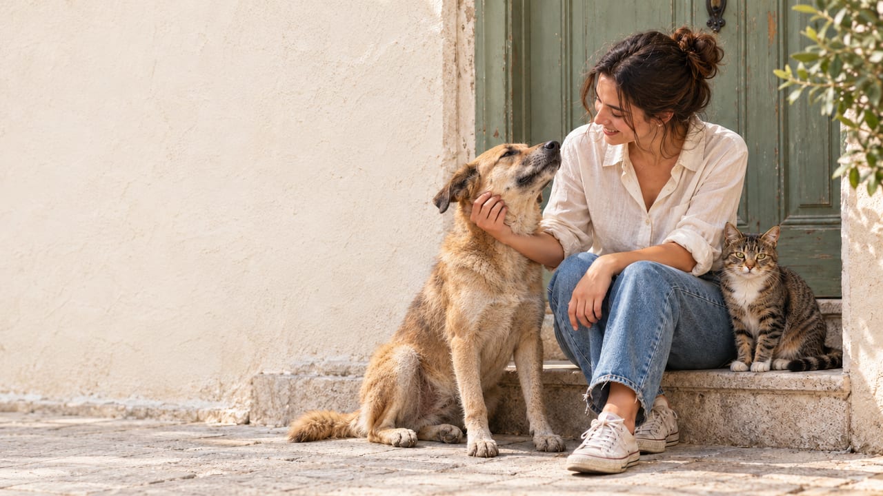 Bir kadın, eski bir kapının eşiğinde sokak köpeğini seviyor; yanlarında bir tekir kedi oturuyor.
